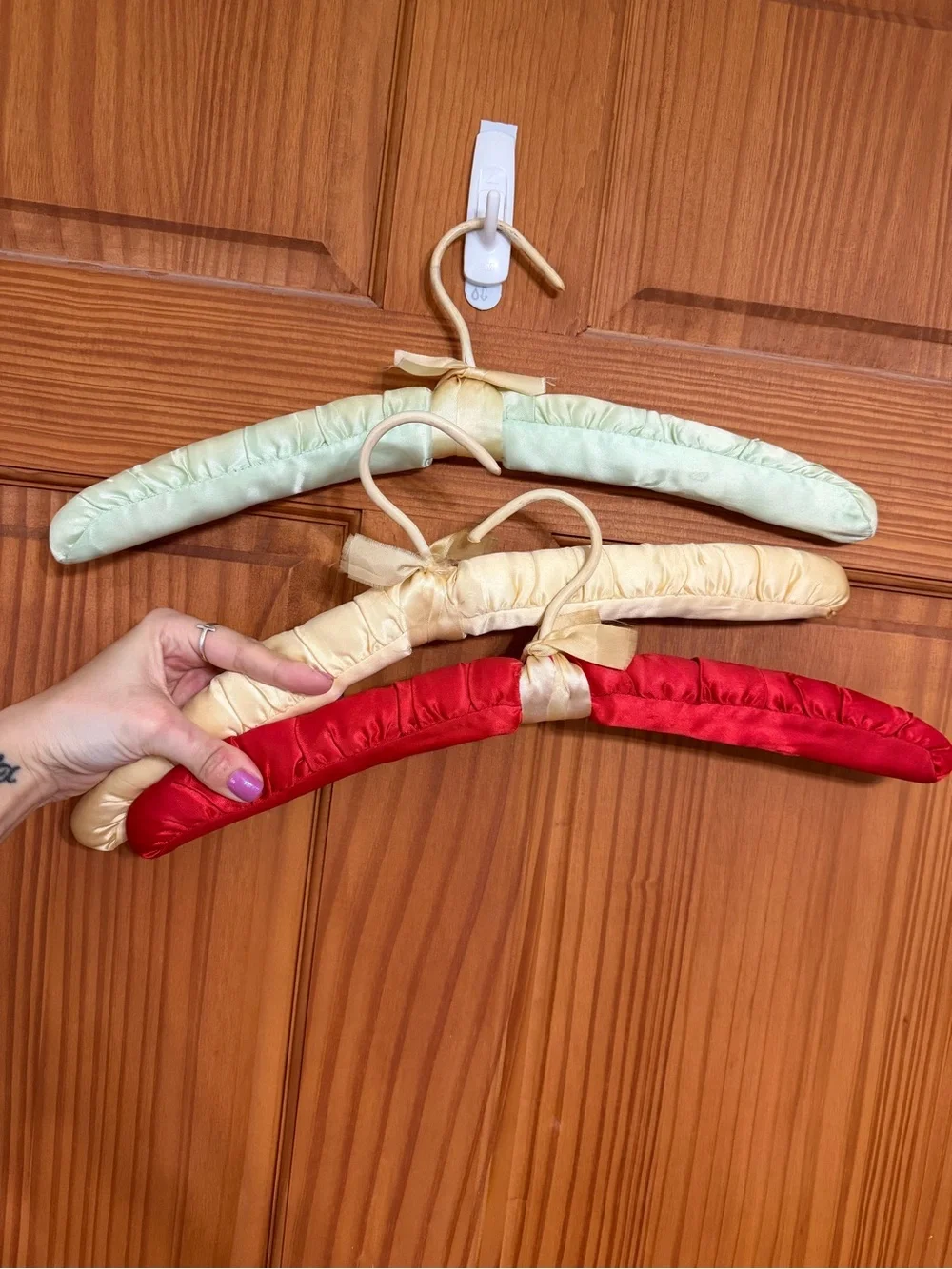 (3) Vintage Padded Satin Clothing Hangers - Red, Cream, Mint